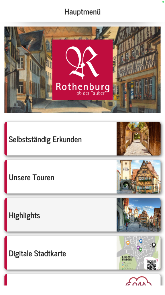 Screenshot der Rothenburg-App mit den Buttons "Selbstständig erkunden", "Unsere Touren", "Highlights" und "Digitale Stadtkarte"