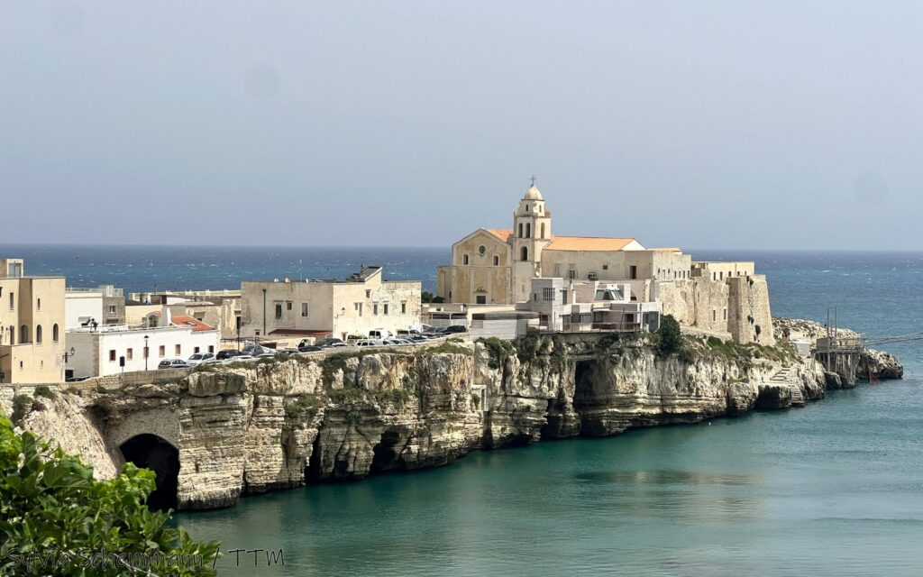 Blick auf einen Felssporn im Meer, auf dem eine Kirche und Teile der Altstadt von Vieste zu sehen sind.