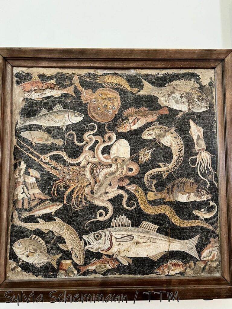 Mosaik mit Darstellungen von Meerestieren wie Oktopoden, Fischen und Seeschlangen oder Aalen, Archäologisches Nationalmuseum Neapel