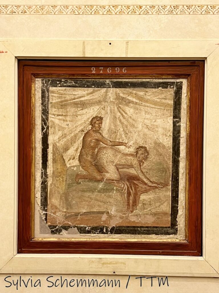 Wandmalerei aus dem Bordell in Pompeii, das einen Mann und eine Frau knieend beim Sex zeigen, Archäologisches Nationalmuseum Neapel